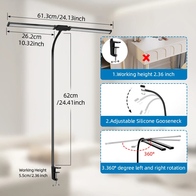 Double Head LED Stepless Dimmable USB Desk Lamp