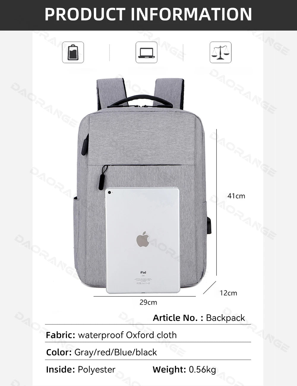 Large Capacity USB Laptop Bag Backpack for Macbook Air Pro, Lenovo, Asus, HP, Dell,