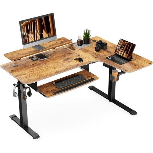 Electric Dual Motor Adjustable Height L Shaped, with Keyboard Tray, Desk w Monitor Stand 61"