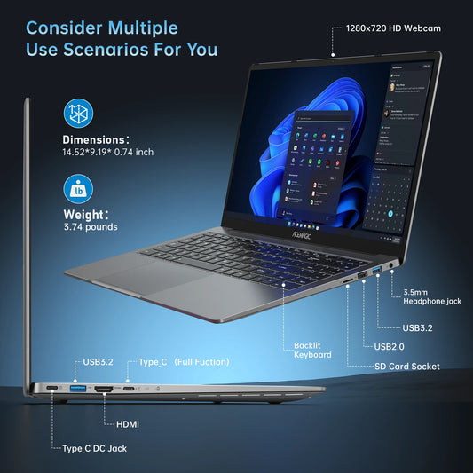 ACEMAGIC AX16  Intel N95 16 Inch 16GB DDR4 RAM 512GB SSD Lightweight Windows 11 Pro Business Laptop