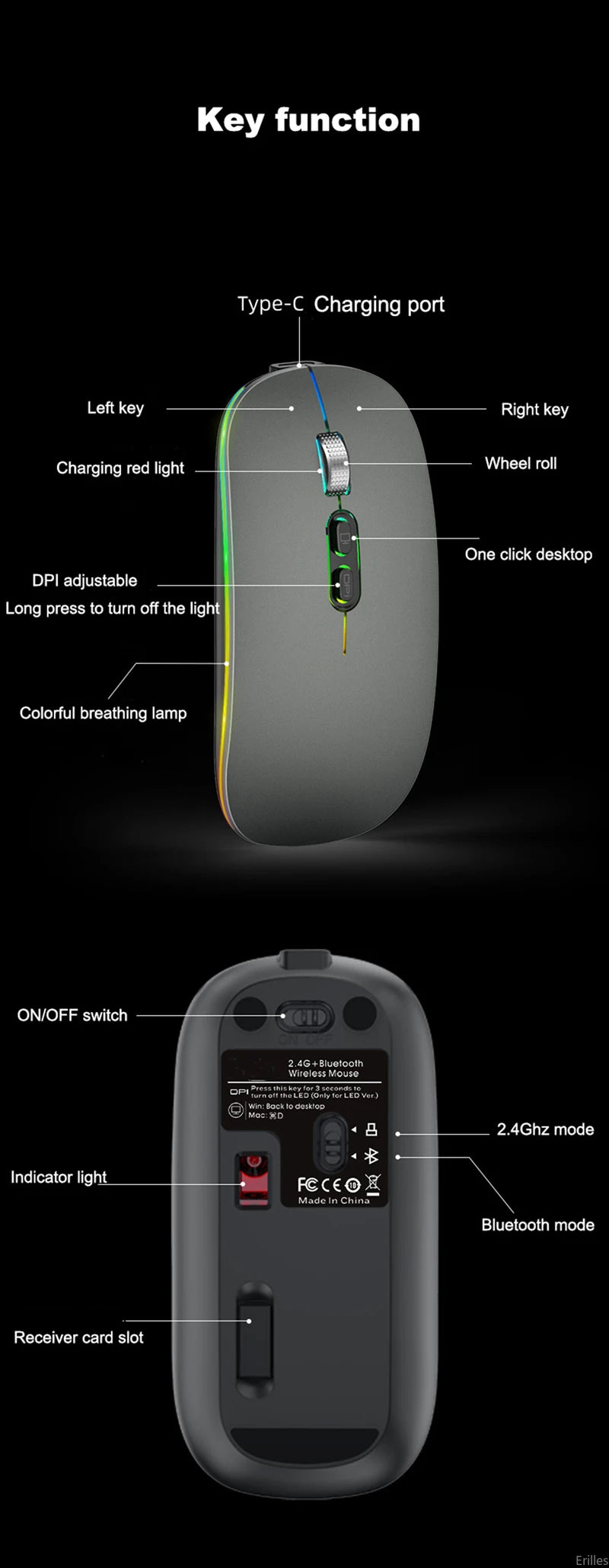 Rechargeable Backlight Type-C Bluetooth Dual Mode  2.4G Wireless One-Click Mouse