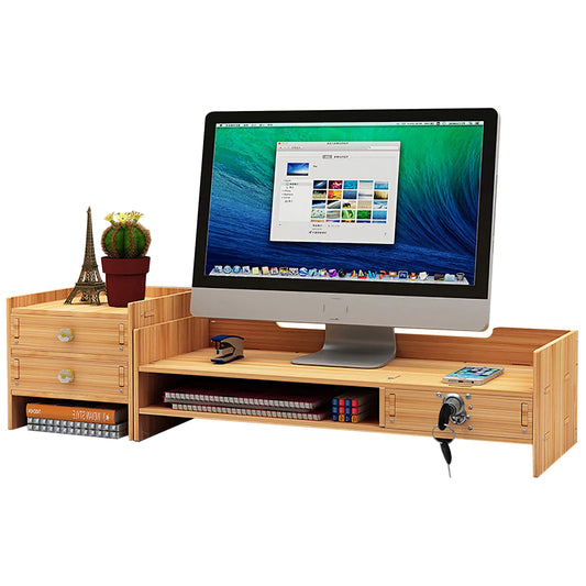 Wooden Monitor Riser Desk Organizer W/ Drawer File Storage